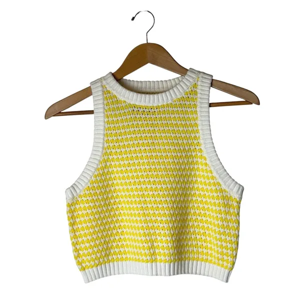 Future Collective Sweater Vest Women Small Yellow Cotton Cropped Preppy Retro - Image 2