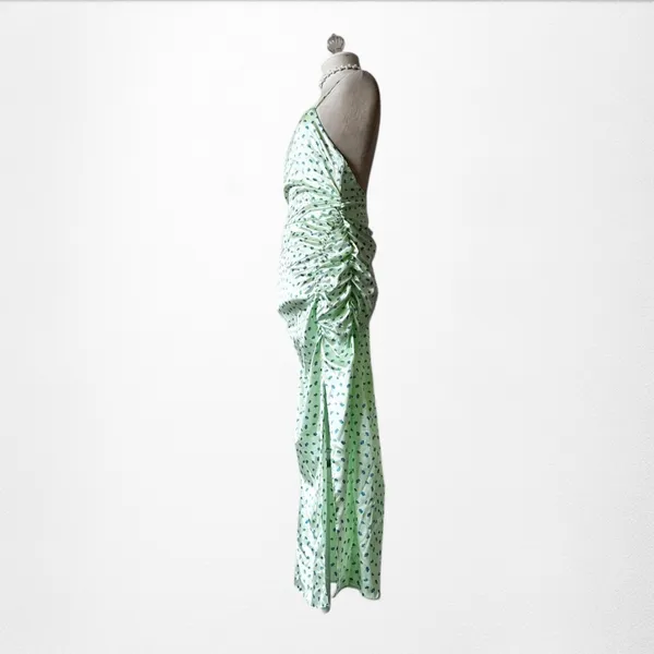 Zara Pastel Green Blue Printed Satin Midi Ruched Side Slit Summer Sundress S - Image 9
