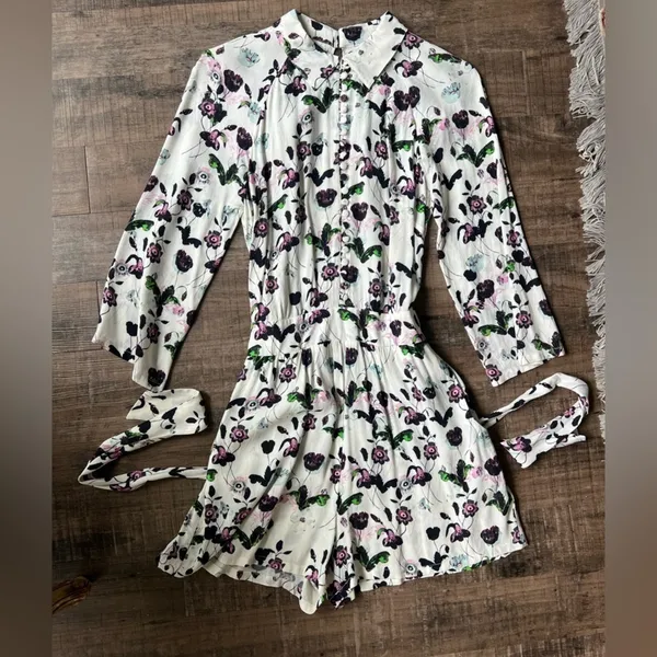 Anthropologie Elevenses Floret Romper White Purple 3/4 Sleeve Size S - Image 5