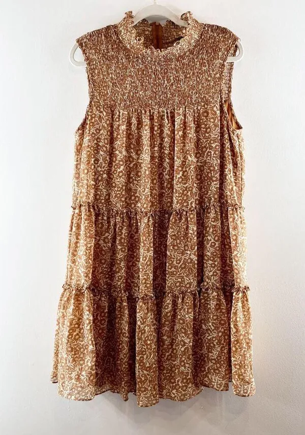 Taylor Smocked Tiered Printed Mini Dress Brown XL - Image 2