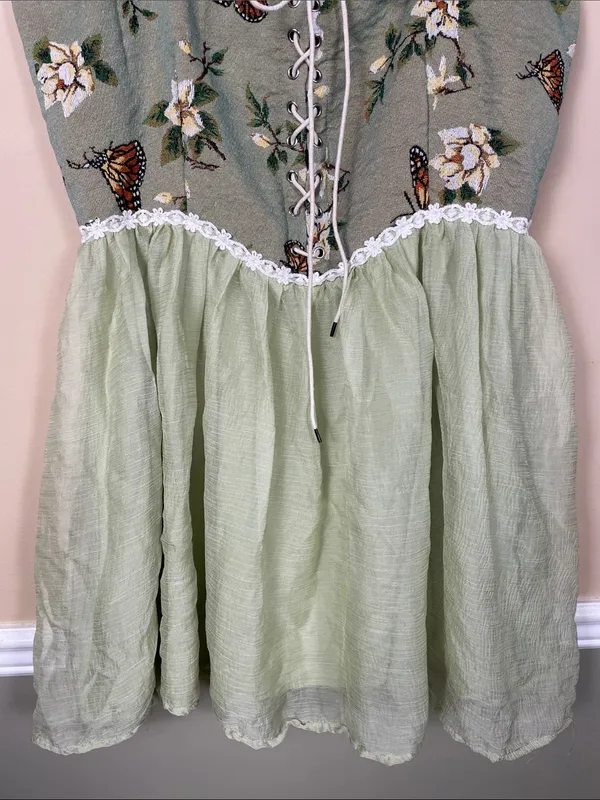 Cider Women’s Faeriecore Butterfly Floral Embroidered Lace-Up Tank Mini Dress - Image 3