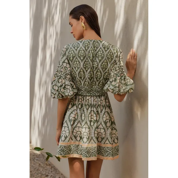 Anthropologie‎ Ash Eden Women 100% Cotton Mini Wrap Dress XS Green Cottage Party - Image 4