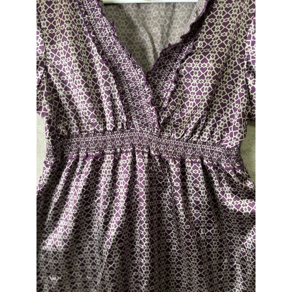 Vintage Y2K Purple Geometric Print Babydoll Top Smocked Waist Ruffle Trim Boho L - Image 2