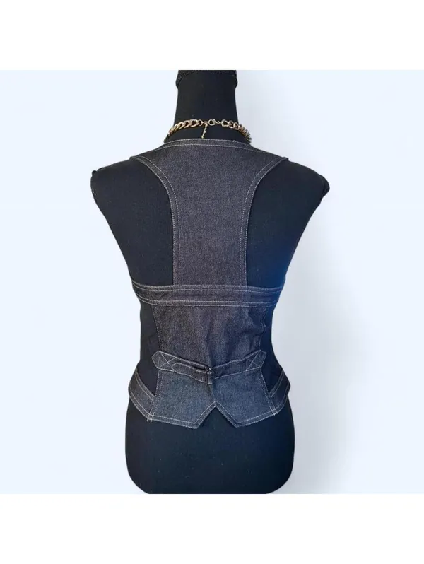 Vintage Y2K Jacqueline Riu Dark Academia Denim Corset Waistcoat Size Medium 💙 - Image 4
