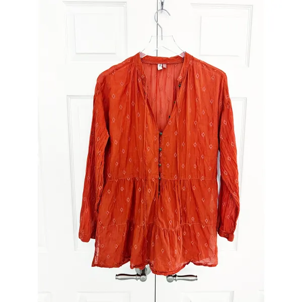 Free People Pilcro Anthropologie Rust Orange Tiered Tunic Blouse Embroidered Boho Cotton - Image 3