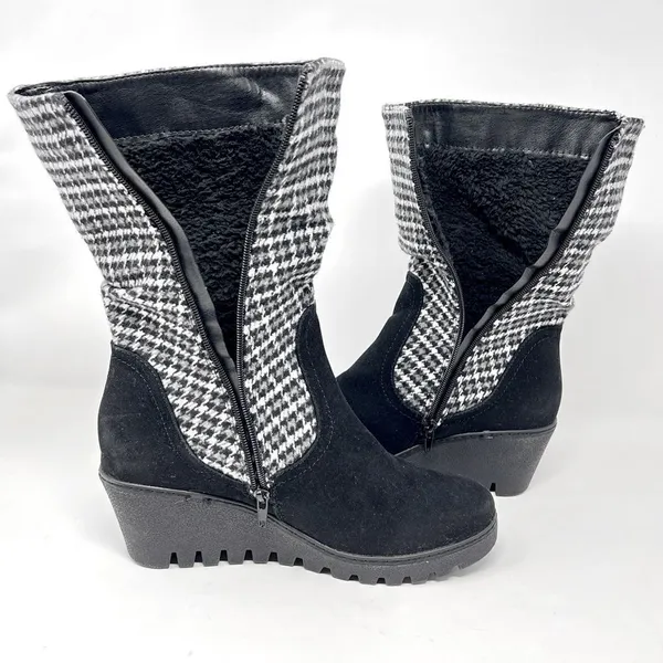 MUK LUKS Vermont Stowe Black White Houndstooth Mid Calf Slouch Wedge Boots 9.5 - Image 7