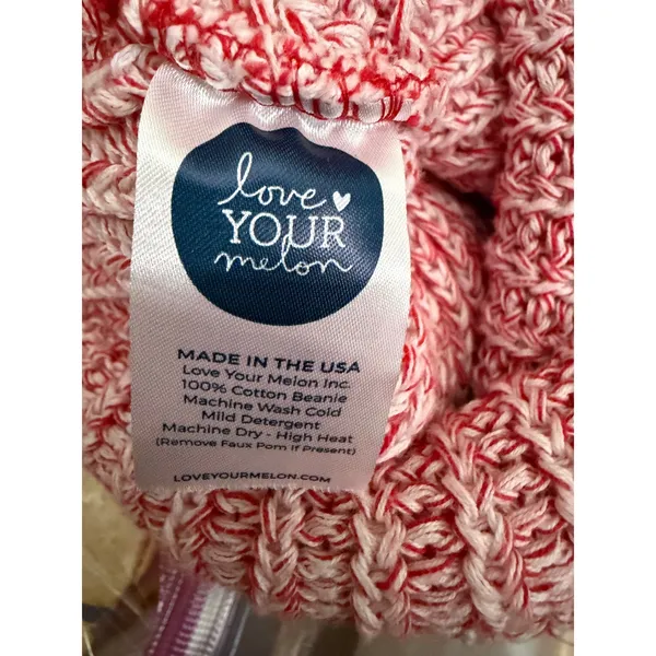 Love‎ Your Melon Red White Marled Cotton Knit Beanie Faux Fur Pom Pom Hat USA - Image 3