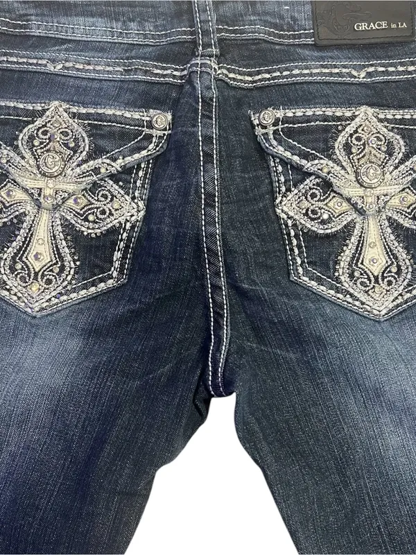 Grace in LA jeans detailed cross embroidery rhinestone embellishment pocket 31 - Image 5