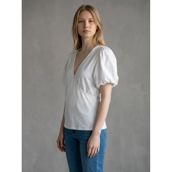 Boston Proper White Puff Sleeve Wrap Top‎ V-Neck Cotton Stretch 32310102 XL - Image 2