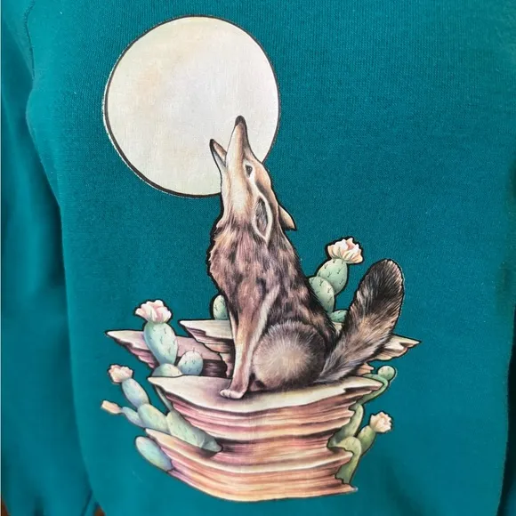 Vintage Howling Coyote Graphic Sweatshirt USA‎ Made Teal Medium - Image 3
