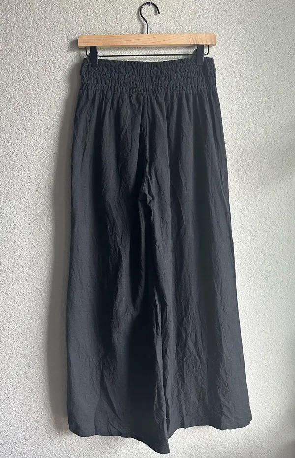 Vintage Blue Lakhays from the Himalayas Black Open Leg Full Slit Linen Pants - Image 3