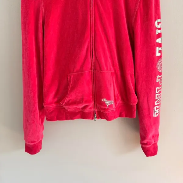 Y2k Pink Victoria'S Secret Rhinestone Embellished Velour Fur Hood Zip Up Jacket - Image 3