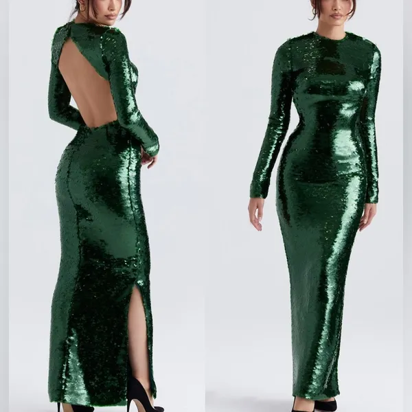 NEW HOUSE OF CB Belle Pine Green Sequin Open Back Long Sleeve Dress sz XS - Image 2