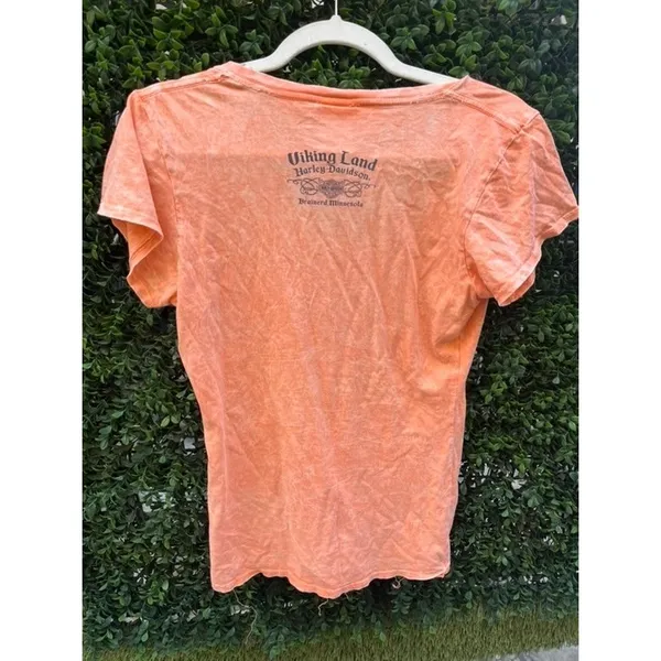 Harley-Davidson Womens‎ V-Neck Graphic Tee Orange Acid Wash Viking Land Small - Image 3