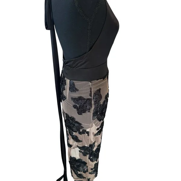 Luxxel Seduced Dress‎ with Halter Top Bodysuit and Sheer Floral Attached Skirt - Image 3