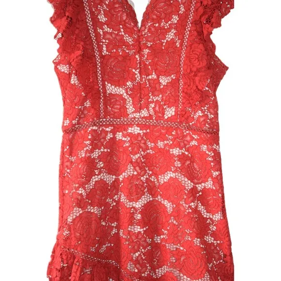 Lace Dress Women Small Red Excellent Flutter Sleeve Tiered Ruffle Mini - Image 3