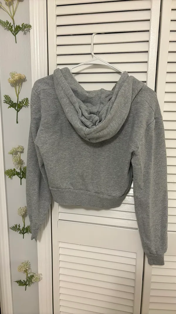 Gray Cropped Hoodie Jacket Sweater Top - Image 3