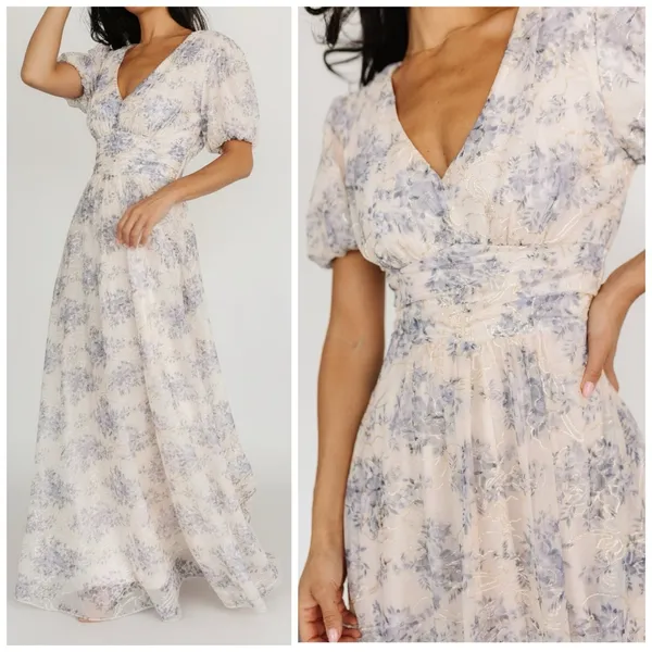 NWT Baltic Born S Ardley Maxi Dress Cream & Blue Floral‎ Sheer Overlay Babydoll - Image 2