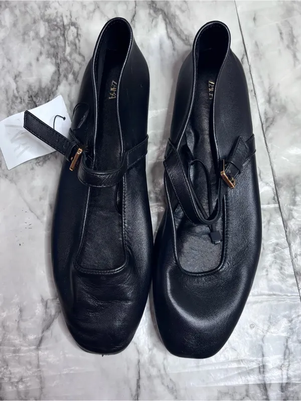 Zara Black Leather Mary Jane Loafers Gold Buckles size 38 NWT New casual - Image 3