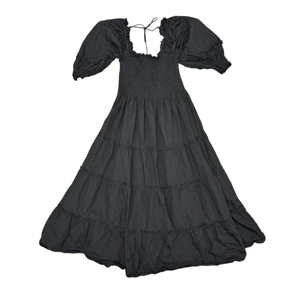 Hill House Nesli Nap Dress Short Puff Sleeve Swiss Dot Tiered Midi Black Small S - Image 7