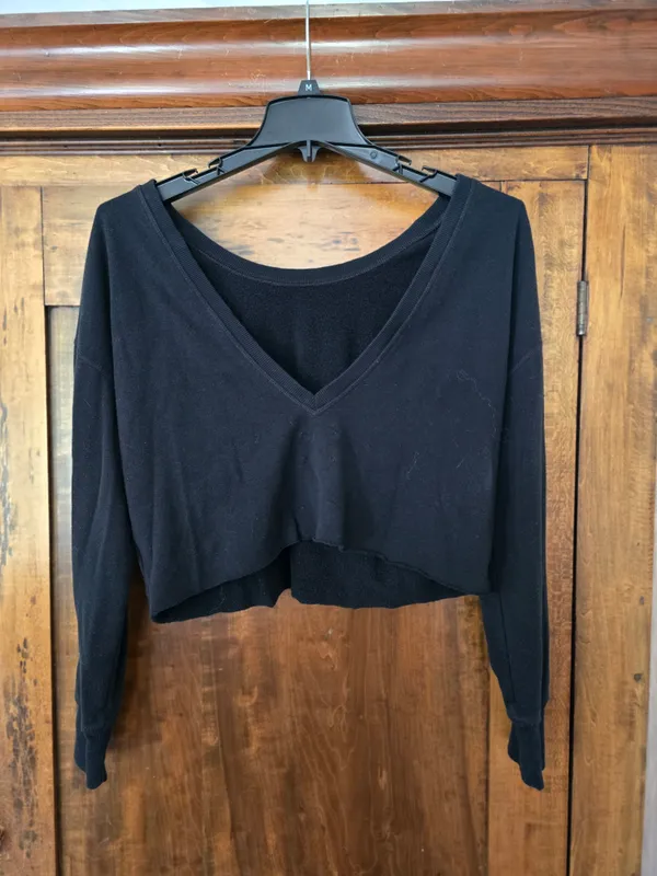 aerie Black Boatneck Drop Back Long-Sleeve Cropped Top Off The Shoulder Medium - Image 2