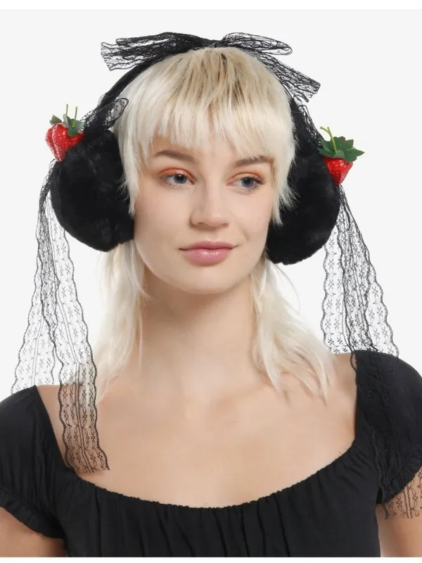 STRAWBERRIES Black Lace Bow Winter Earmuffs NEW NWT - Image 2