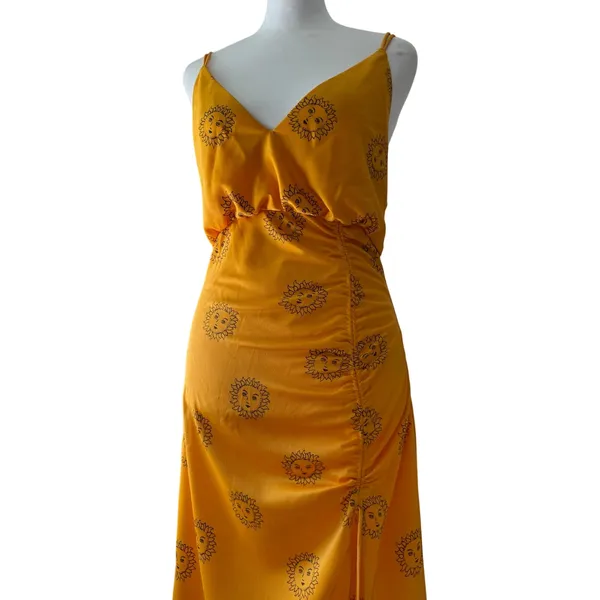 Urban Outfitters Golden Sun Print Deep V-Neck Sleeveless Ruched Slip Midi Dress - Image 5