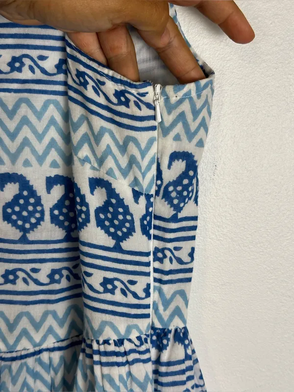 Oliphant Blue White Block Print Tiered Cotton Mini Dress Sleeveless Ruffle Small - Image 7