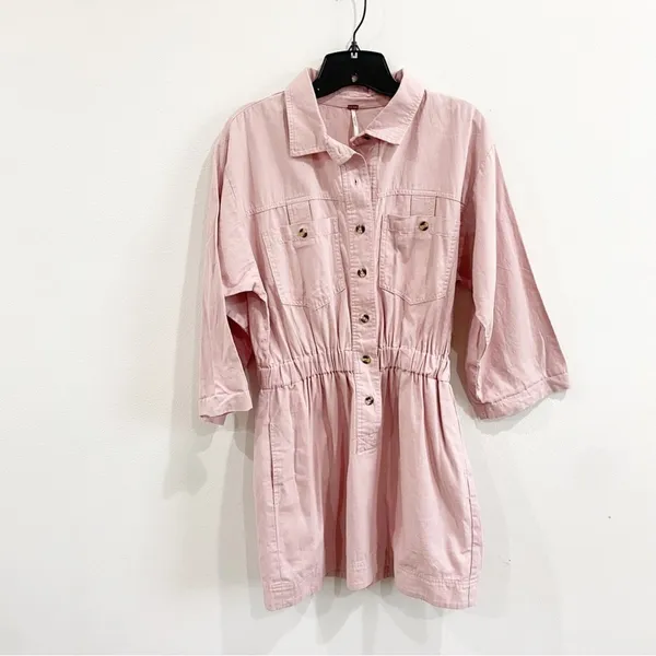 Free People Hazel Pink Shirt Dress Cotton‎ Blend Button Front XS Boho Chic - Image 6