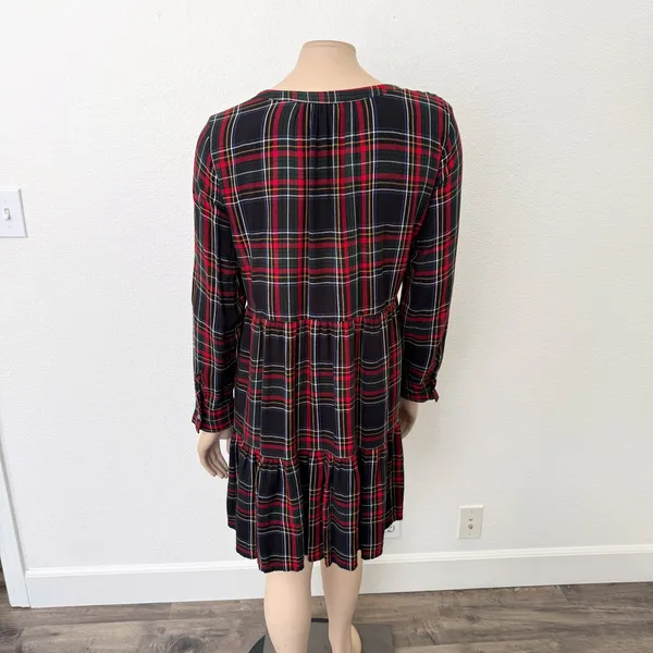 [LOFT] Plaid Split Neck Tiered Long Sleeve Flannel Mini Dress Relaxed Sz Large L - Image 3