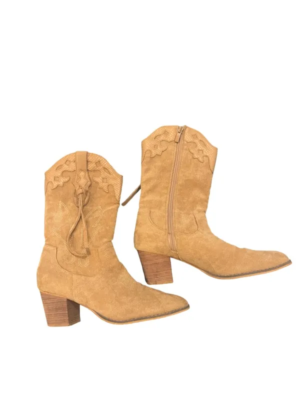 SHIBEVER Suede Mid-Calf Cowboy Boots Tan Western Block Heel Size 40 / US 8.5 - Image 3