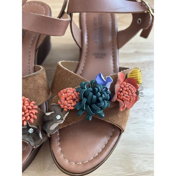 Fabio maggenti brown heel wedge leather flower accent Sz 7 boho floral See De - Image 9