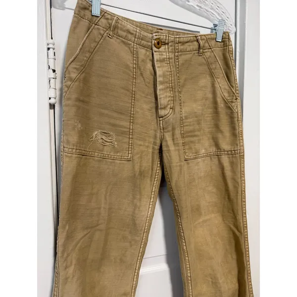 Free People Tan Distressed Utility Pants Frayed Hem Canvas Straight Leg Size 28 - Image 11