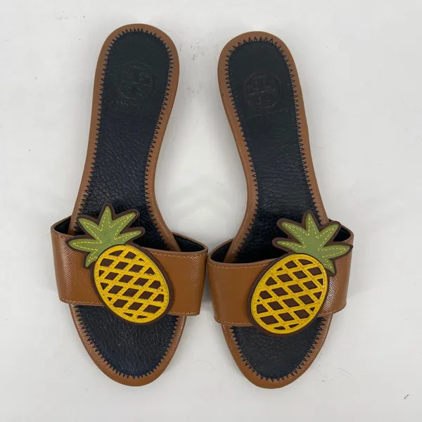 Tory Burch Brown Leather Pineapple Slide Sandals Size 5.5 Tropical Resort Luxury - Image 5