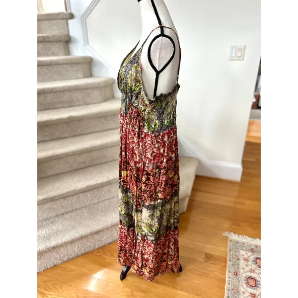Source Unknown Vintage Boho Red, Yellow & Grey Paisley Floral Shirred Tiered Midi Dress - Image 3