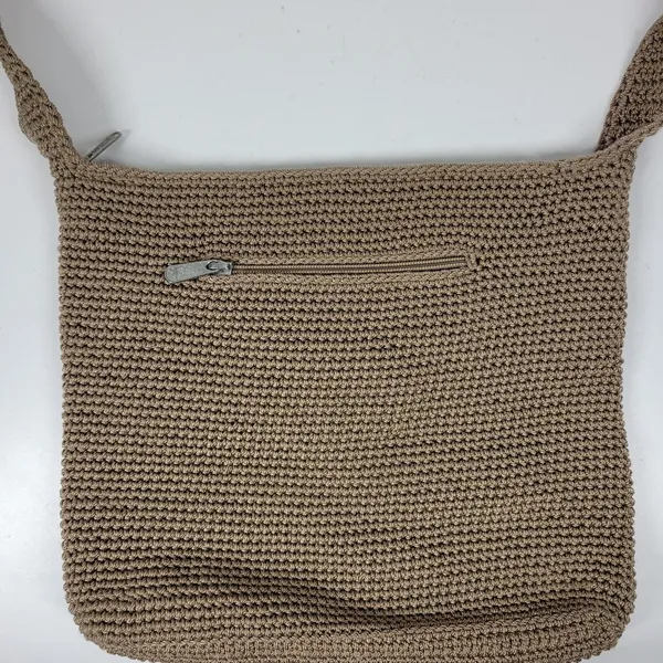 Vintage Sak Crochet Shoulder Bag 10" Dark Tan Nylon Ladies Handbag Pockets - Image 9