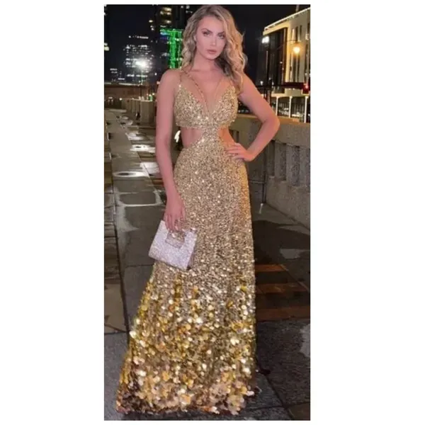 NWT Mac Duggal 6077 Gold Thin Strap Cut Out Gown With Ombre Sequins Size 8 - Image 5
