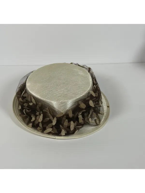 Vintage Ladies' Ivory Satin Hat with Brown Leaf Detail - Image 6