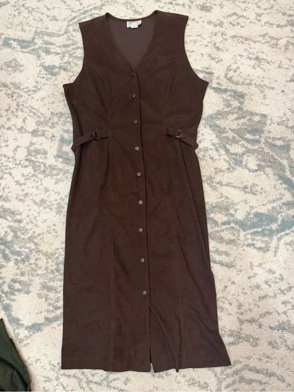 KDK Designs Vintage Brown Faux Suede Button Front Dress Size 14 - Image 2