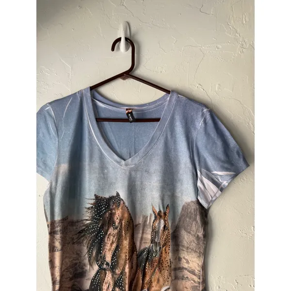 Big Bang USA Wild West Horses Rhinestone V Neck Western Women's‎ Size Medium - Image 2