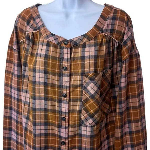 Free People‎ Cozy Dream Flannel Buttondown Oversized Raw Hem Feminine Outdoors L - Image 3