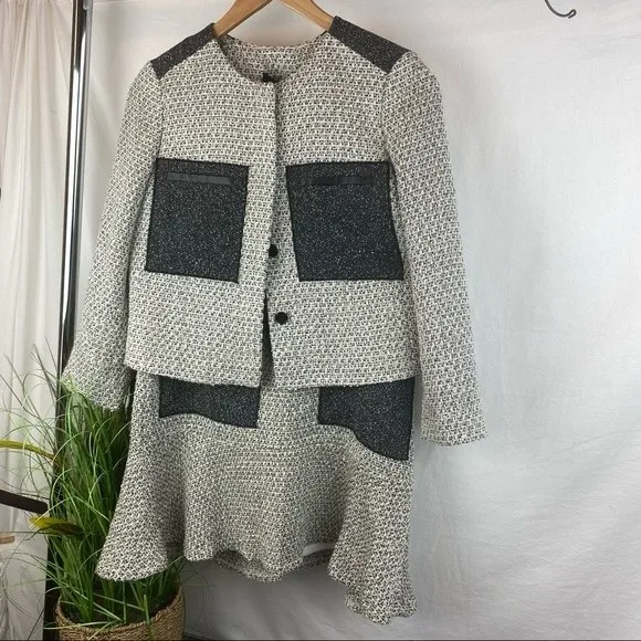 Ann Taylor SET Gray Woven Collarless Parchwork Jacket & Skirt NEW - Image 3