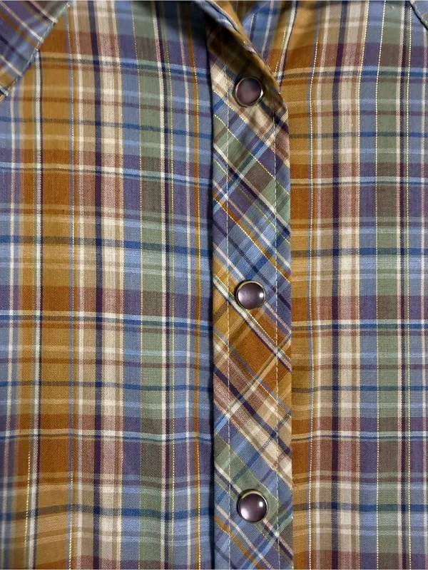 Wrangler 80s Wrangler blue, metallic, brown, and white plaid western shirt - Image 5