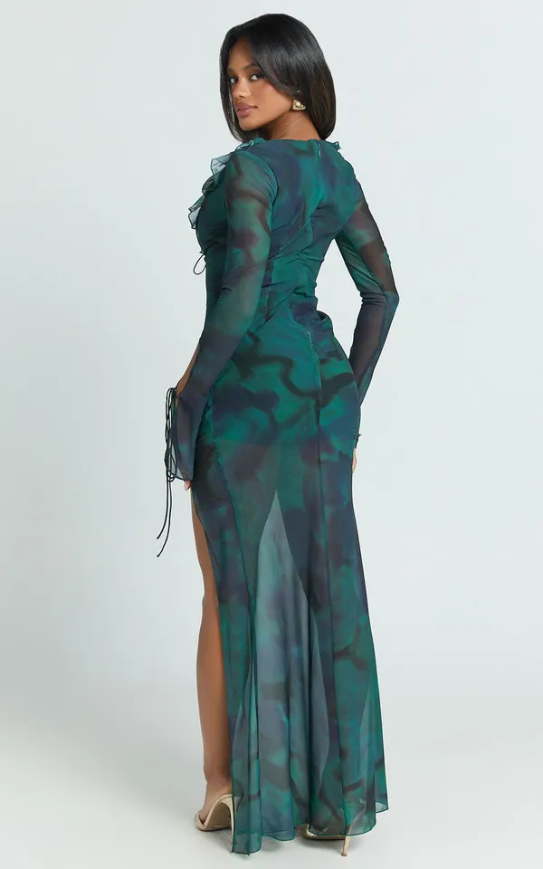New Showpo Katie Maxi Dress - Ruffle Plunge Neck Long Sleeve Dress Size Small - Image 4
