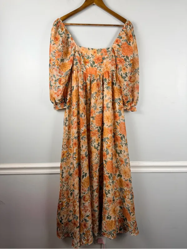 Storia Estelle babydoll maxi dress in orange tan shimmer floral size XS - Image 2