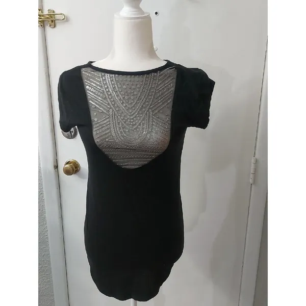 Victoria's Secret Black Sheer Pattern Sequin Short Sleeve Top S Retro Girl Glam - Image 5