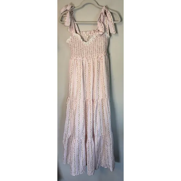 Baevely Tie-Shoulder Light Pink Floral Maxi Dress with Smocked Bodice Sz S NWT - Image 3