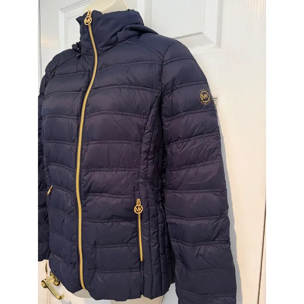 Michael Michael Kors Navy Blue Packable Down Puffer Jacket Gold Small Gorpcore - Image 2