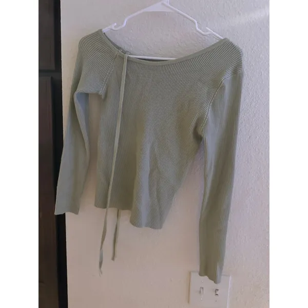 Sage Green Ribbed Knit Asymmetrical Tie Neck Long Sleeve Top‎ Sweater - Image 2