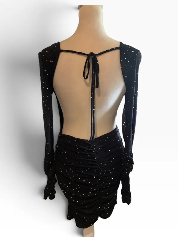 Black Backless Sparkle Ruched Long-Sleeve Mini Dress Brand New - Image 3